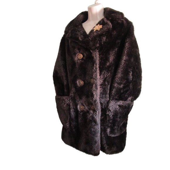 Dark Brown Vintage Faux Fur Coat Gold Crest Buttons Large No Tags Damage - Picture 12 of 16